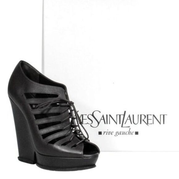 YVES Saint Laurent - Black Leather Hortense 105 Lace-Up Wedges - Picture 1 of 10